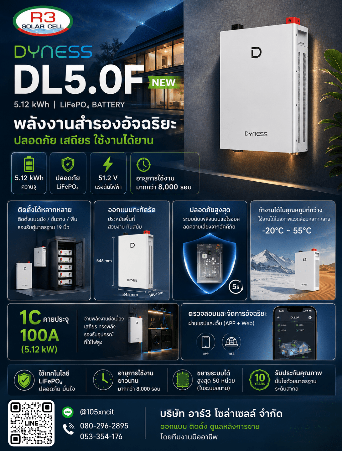 DYNESS DL5.0F แบตเตอรี่ลิเธียมสำหรับโซลาร์เซลล์ 5.12kWh | พลังงานสำรองอัจฉริยะสำหรับบ้านและธุรกิจ